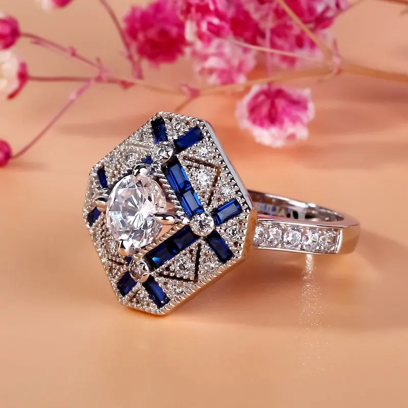 Valódi Kék CZ kő Klaszter Halo Gyűrűk ezüst színű Gyűrű, Nők, Férfiak, esküvői Ékszer Kép 1
