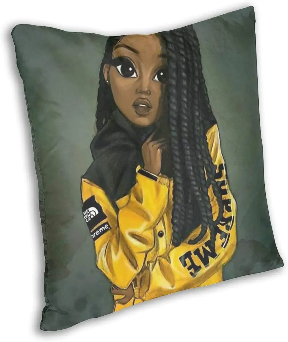 Bársony Fekete Lány Párna Fedezze Afro-Amerikai Lány, Rajta Sárga Kabát, Fekete Art Deco 18x18 Hüvelyk párnahuzat Cipzárral Kép 2