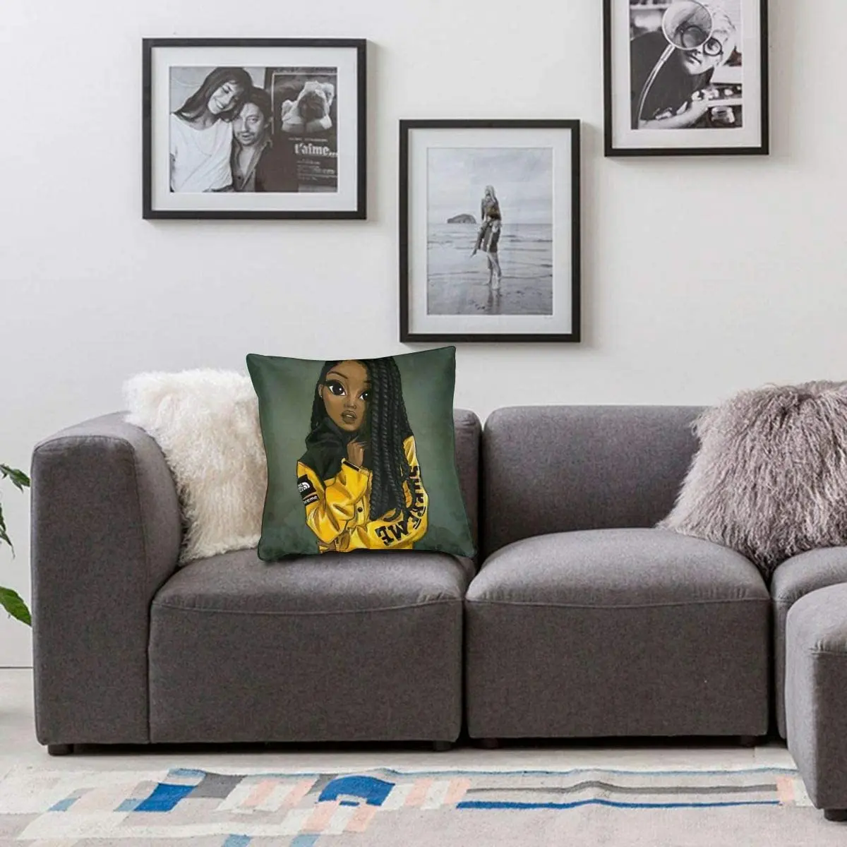 Bársony Fekete Lány Párna Fedezze Afro-Amerikai Lány, Rajta Sárga Kabát, Fekete Art Deco 18x18 Hüvelyk párnahuzat Cipzárral Kép 5