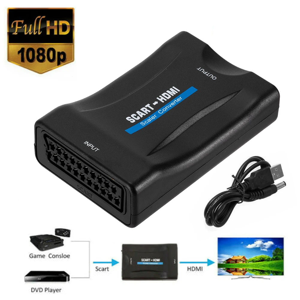 1080P SCART HDMI-kompatibilis Video Audio Előkelő Jel Átalakító Adapter HD Vevőkészülék TV Plug and Play USB DC Kábel Kép 0