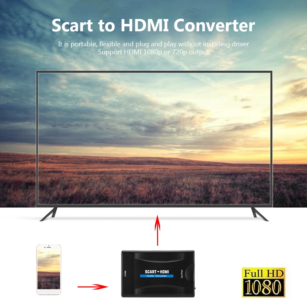 1080P SCART HDMI-kompatibilis Video Audio Előkelő Jel Átalakító Adapter HD Vevőkészülék TV Plug and Play USB DC Kábel Kép 2