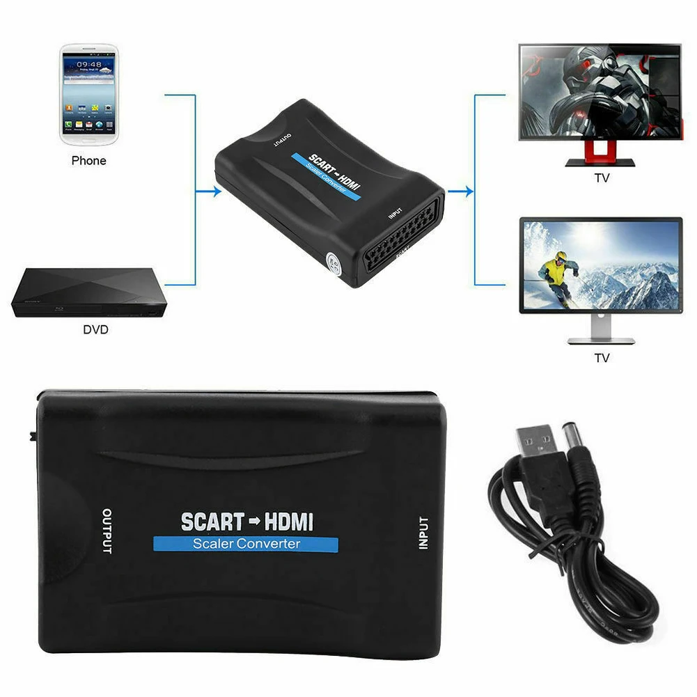 1080P SCART HDMI-kompatibilis Video Audio Előkelő Jel Átalakító Adapter HD Vevőkészülék TV Plug and Play USB DC Kábel Kép 3