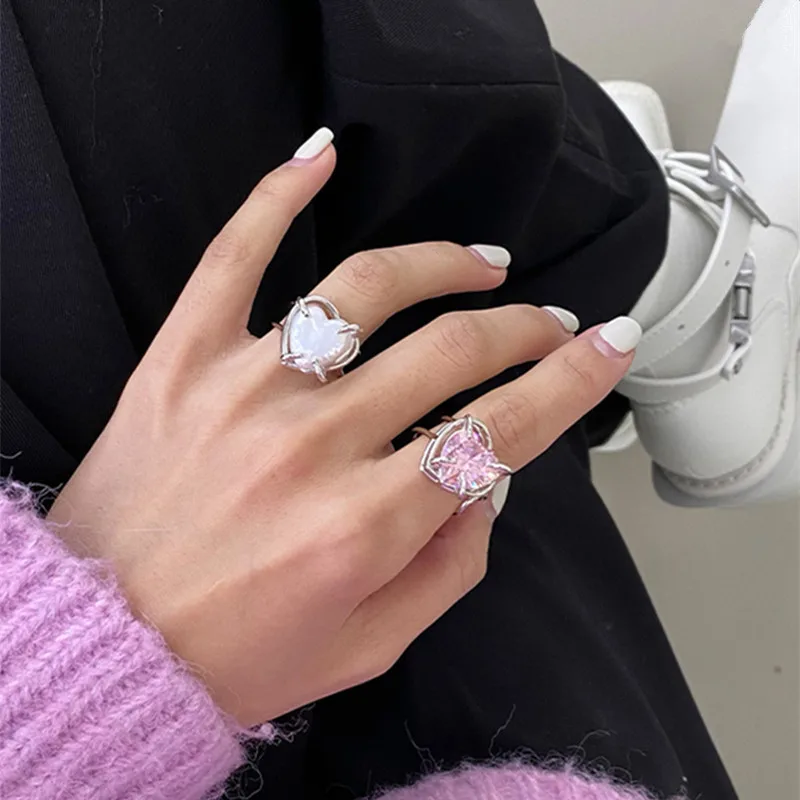 VSnow Egyedi Design Szerelmes Szív Gyöngy, Fehér, Rózsaszín Kocka Cirkon Gyűrű a Nők Üreges Ki Enghagement Gyűrűk Női Ékszerek Kép 2