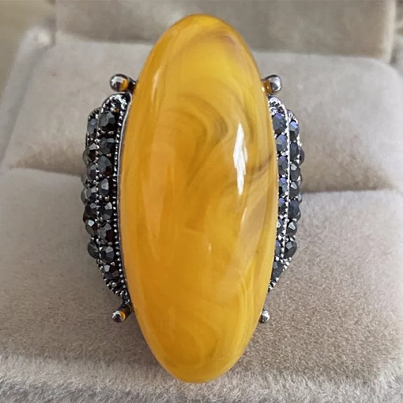 Luxus Nagy Ovális Kő Gyűrű a Nők, Etnikai Stílusú Antik Ezüst Színű, Fényes, Sárga Kristály Gyűrű Retro Divat Esküvő Ékszer Kép 0