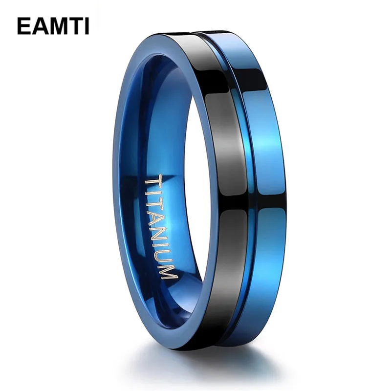 Eamti 5mm hideg Kék Titán Gyűrű Csiszolt Trendi Esküvői Gyűrűk, Férfi, Nő, Eljegyzési Gyűrűk, Félig Fekete anillo hombre Fél Kép 0
