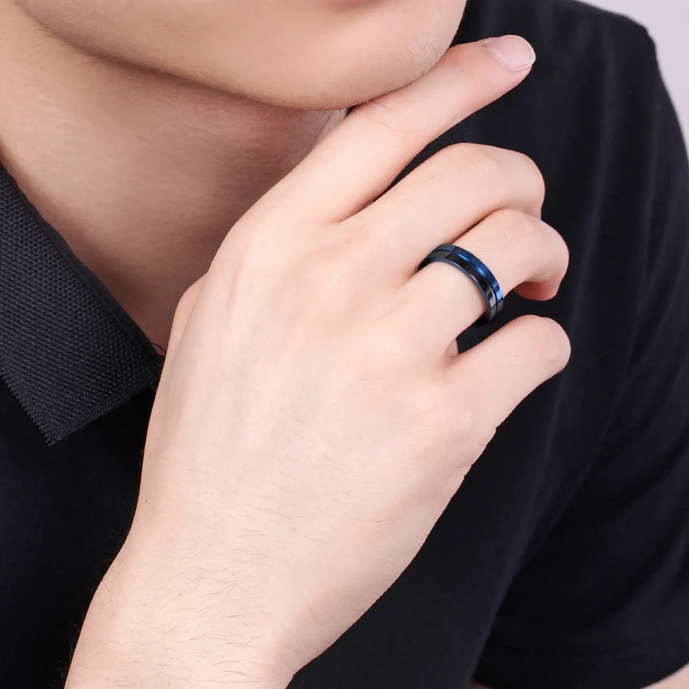Eamti 5mm hideg Kék Titán Gyűrű Csiszolt Trendi Esküvői Gyűrűk, Férfi, Nő, Eljegyzési Gyűrűk, Félig Fekete anillo hombre Fél Kép 4